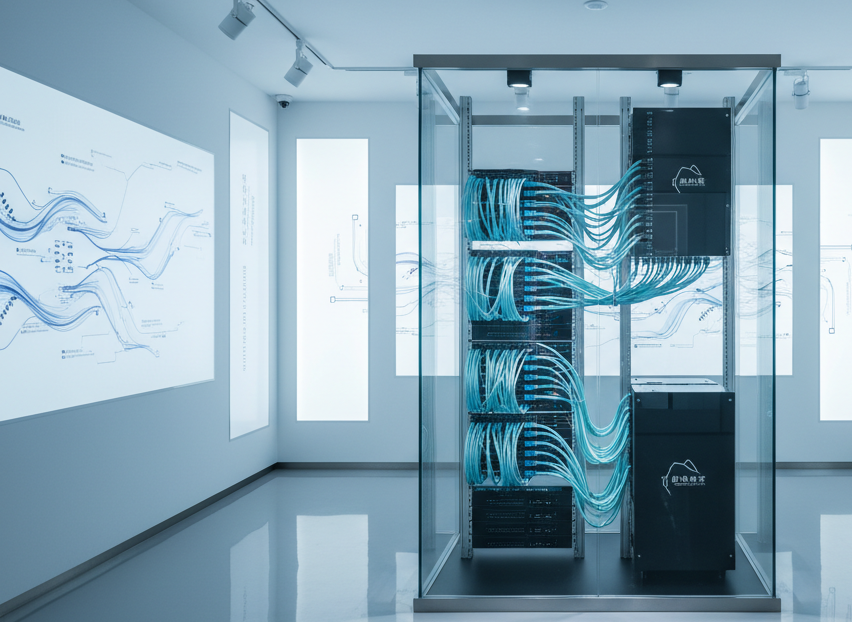 A dedicated tech infrastructure showcase room in Neu Nexus Century City, focusing on a transparent glass rack enclosure displaying meticulously organized fiber-optic cabling that glows in gradient blues and cyans, feeding into polished black server modules with minimal branding. The walls are pristine white with inset backlit panels explaining “智联未来” through elegant diagrams and bilingual typography. The floor is a reflective light gray epoxy, subtly mirroring the illuminated hardware. Overhead, adjustable spotlights cast controlled highlights on key components, while an overall cool ambient wash maintains a clinical, high-end lab feel. Shot at eye level with a slightly narrow field of view, the composition isolates the technology as a premium amenity. The mood is precise, trustworthy, and quietly dramatic, underscoring the property’s future-ready digital backbone.