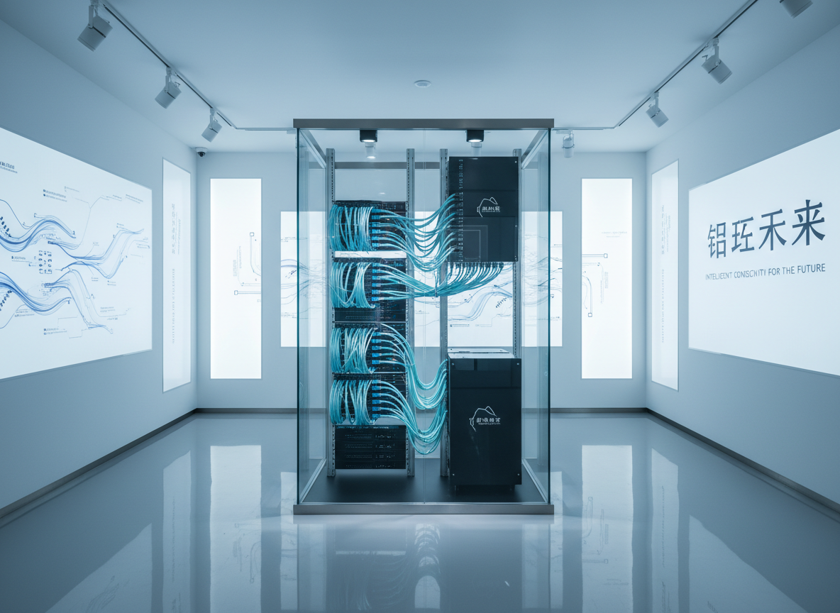 A dedicated tech infrastructure showcase room in Neu Nexus Century City, focusing on a transparent glass rack enclosure displaying meticulously organized fiber-optic cabling that glows in gradient blues and cyans, feeding into polished black server modules with minimal branding. The walls are pristine white with inset backlit panels explaining “智联未来” through elegant diagrams and bilingual typography. The floor is a reflective light gray epoxy, subtly mirroring the illuminated hardware. Overhead, adjustable spotlights cast controlled highlights on key components, while an overall cool ambient wash maintains a clinical, high-end lab feel. Shot at eye level with a slightly narrow field of view, the composition isolates the technology as a premium amenity. The mood is precise, trustworthy, and quietly dramatic, underscoring the property’s future-ready digital backbone.