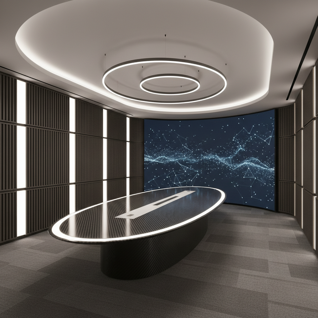 A premium tech-ready conference center inside Neu Nexus Century City, centered around an oval, ultra-thin carbon-fiber table with an inlaid matte glass control strip and subtle illuminated edge. Surrounding walls are clad in acoustic dark wood slats alternating with vertical light channels that glow a cool neutral white. One wall is a floor-to-ceiling 8K curved display showing a tranquil, data-inspired generative art pattern in deep blues and silver. The floor is a soft charcoal carpet with a faint geometric weave. Indirect cove lighting in the ceiling creates a gentle halo, while a focused overhead light ring defines the table’s surface with cinematic precision. Shot from a slightly elevated three-quarter angle, the composition emphasizes symmetry and clarity. The scene feels ultra-sophisticated, quiet, and strategically futuristic, ideal for visionary decision-making.
