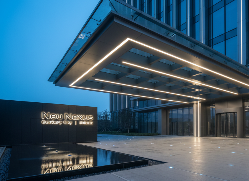 A cinematic dusk view of Neu Nexus Century City’s arrival driveway, featuring a sweeping, cantilevered canopy of brushed aluminum and smoked glass with integrated linear lighting that emits a soft, continuous glow. The driveway surface is smooth graphite stone with subtle embedded light markers guiding vehicles. To one side, a minimal water feature with a black granite basin and laminar water sheets reflects the building’s luminous façade and the illuminated Neu Nexus Century City | 创能世纪 logo, rendered in refined metallic characters. Ambient blue hour light mingles with warm white architectural lighting, creating dramatic reflections on wet stone. Captured from a low, three-quarter perspective, the composition leads the eye under the canopy toward the main entrance. The atmosphere is luxurious, precise, and quietly futuristic, emphasizing a sophisticated tech property arrival experience.