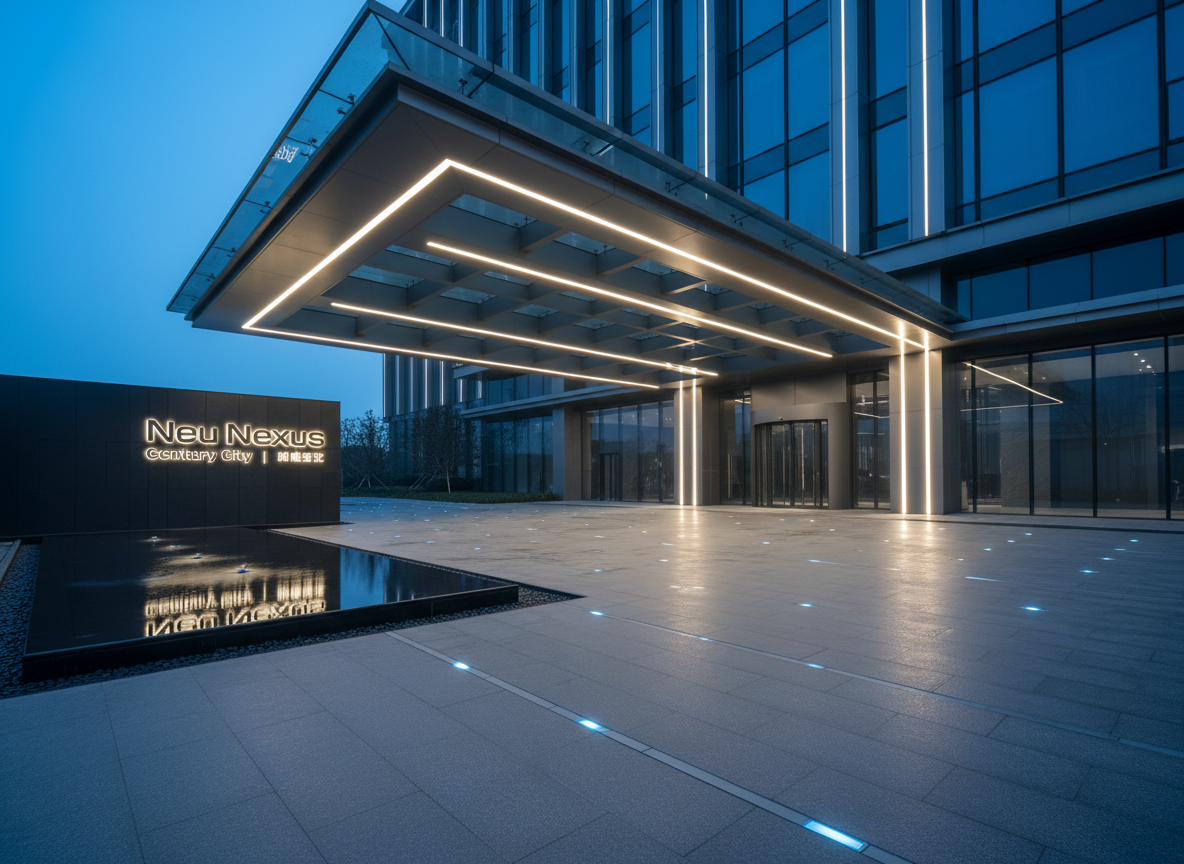 A cinematic dusk view of Neu Nexus Century City’s arrival driveway, featuring a sweeping, cantilevered canopy of brushed aluminum and smoked glass with integrated linear lighting that emits a soft, continuous glow. The driveway surface is smooth graphite stone with subtle embedded light markers guiding vehicles. To one side, a minimal water feature with a black granite basin and laminar water sheets reflects the building’s luminous façade and the illuminated Neu Nexus Century City | 创能世纪 logo, rendered in refined metallic characters. Ambient blue hour light mingles with warm white architectural lighting, creating dramatic reflections on wet stone. Captured from a low, three-quarter perspective, the composition leads the eye under the canopy toward the main entrance. The atmosphere is luxurious, precise, and quietly futuristic, emphasizing a sophisticated tech property arrival experience.