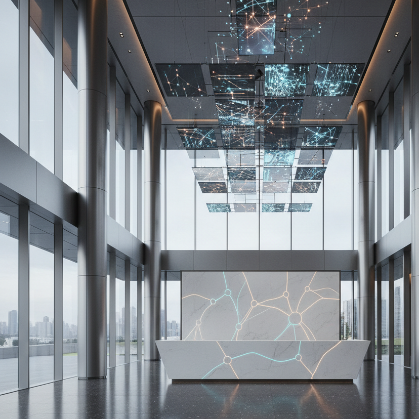 A refined lobby interior of Neu Nexus Century City, featuring a double-height atrium with seamless glass walls and brushed titanium columns. The central focus is a sculpted reception monolith made of white engineered stone with embedded, softly pulsing LED light lines that form an abstract neural-network pattern. The floor is polished dark terrazzo with faint metallic flecks that catch the light. Overhead, a suspended digital ceiling installation displays slow-moving constellations of data points. Cool, diffused daylight enters from one side, balanced by warm recessed cove lighting, creating a subtle gradient of tones. Captured at eye level with a slightly wide angle, the image has clean lines, balanced symmetry, and a cinematic, sophisticated mood that conveys cutting-edge technology meeting luxury real estate.