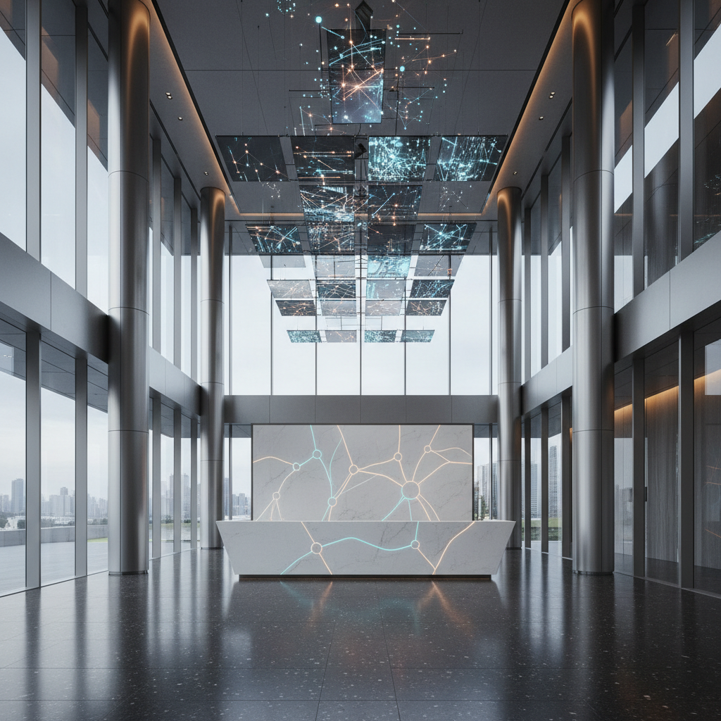 A refined lobby interior of Neu Nexus Century City, featuring a double-height atrium with seamless glass walls and brushed titanium columns. The central focus is a sculpted reception monolith made of white engineered stone with embedded, softly pulsing LED light lines that form an abstract neural-network pattern. The floor is polished dark terrazzo with faint metallic flecks that catch the light. Overhead, a suspended digital ceiling installation displays slow-moving constellations of data points. Cool, diffused daylight enters from one side, balanced by warm recessed cove lighting, creating a subtle gradient of tones. Captured at eye level with a slightly wide angle, the image has clean lines, balanced symmetry, and a cinematic, sophisticated mood that conveys cutting-edge technology meeting luxury real estate.
