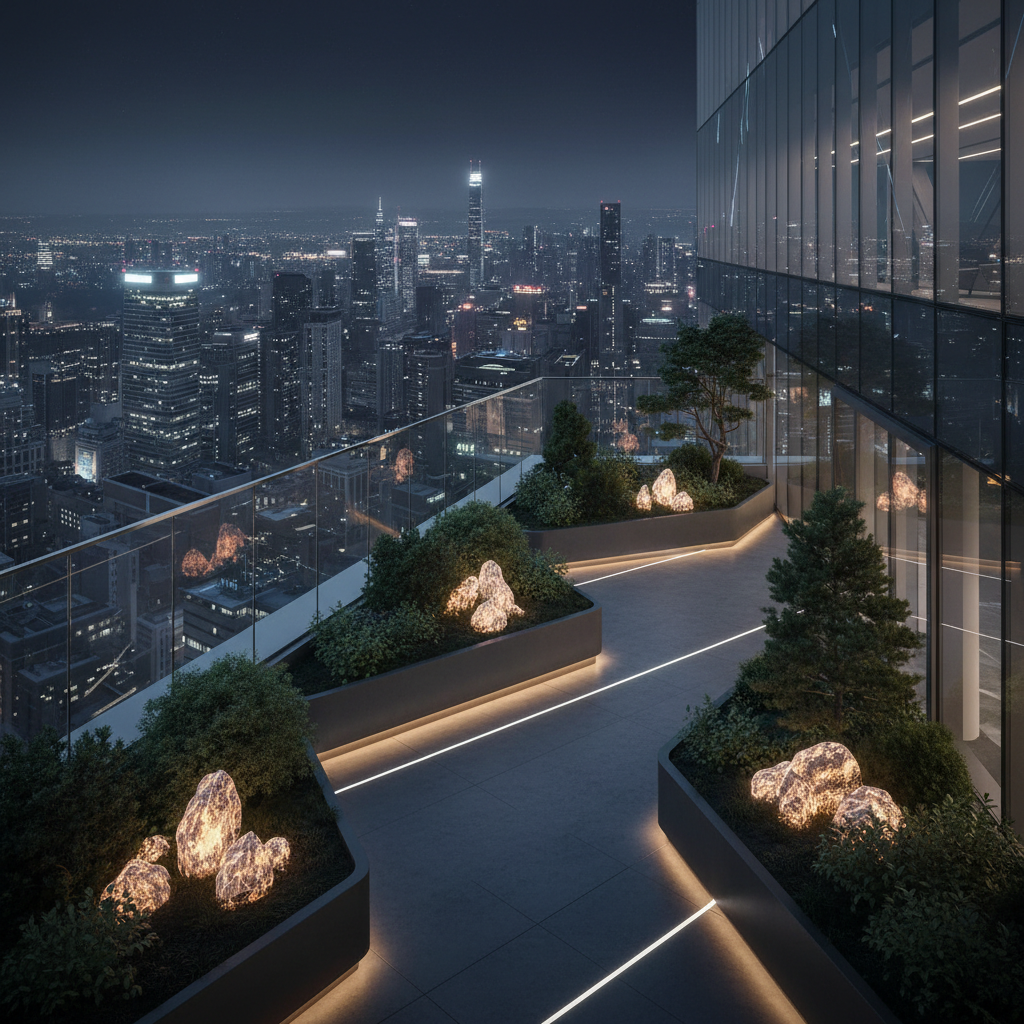 A cinematic night-time view of an elevated sky garden terrace at Neu Nexus Century City, with angular glass balustrades and sleek graphite planters holding carefully pruned evergreens and illuminated sculptural rocks. The terrace flooring is a smooth basalt-like composite with integrated linear LEDs tracing geometric patterns. Beyond the edge, the city skyline glows softly, reflected in the tower’s dark glass curtain wall. Understated warm floor uplights wash the planters, while cooler overhead architectural lighting creates a refined contrast. Shot from a slightly elevated corner vantage point, the composition leads the eye along the terrace toward the luminous tower façade. The atmosphere is serene yet high-tech, evoking a private observatory for ideas and innovation, rendered in a cinematic, ultra-modern style that underscores premium tech property living.