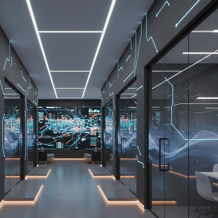 A high-tech smart office floor within Neu Nexus Century City, showcasing a row of glass-partitioned meeting pods with frameless doors and subtle holographic privacy gradients. The central corridor is lined with matte charcoal walls accented by thin illuminated lines that resemble circuit traces, guiding movement. The ceiling is a seamless white plane with programmable linear lights forming crisp geometric paths. At the corridor’s end, a large interactive digital wall displays real-time data visualizations and an abstract city network map. Soft, even white lighting is punctuated by strategic pools of slightly warmer light over key zones, creating depth. Captured from a central, eye-level perspective with strong leading lines and cinematic clarity, the mood is calm, precise, and hyper-functional, embodying intelligent connectivity and sophisticated tech infrastructure.