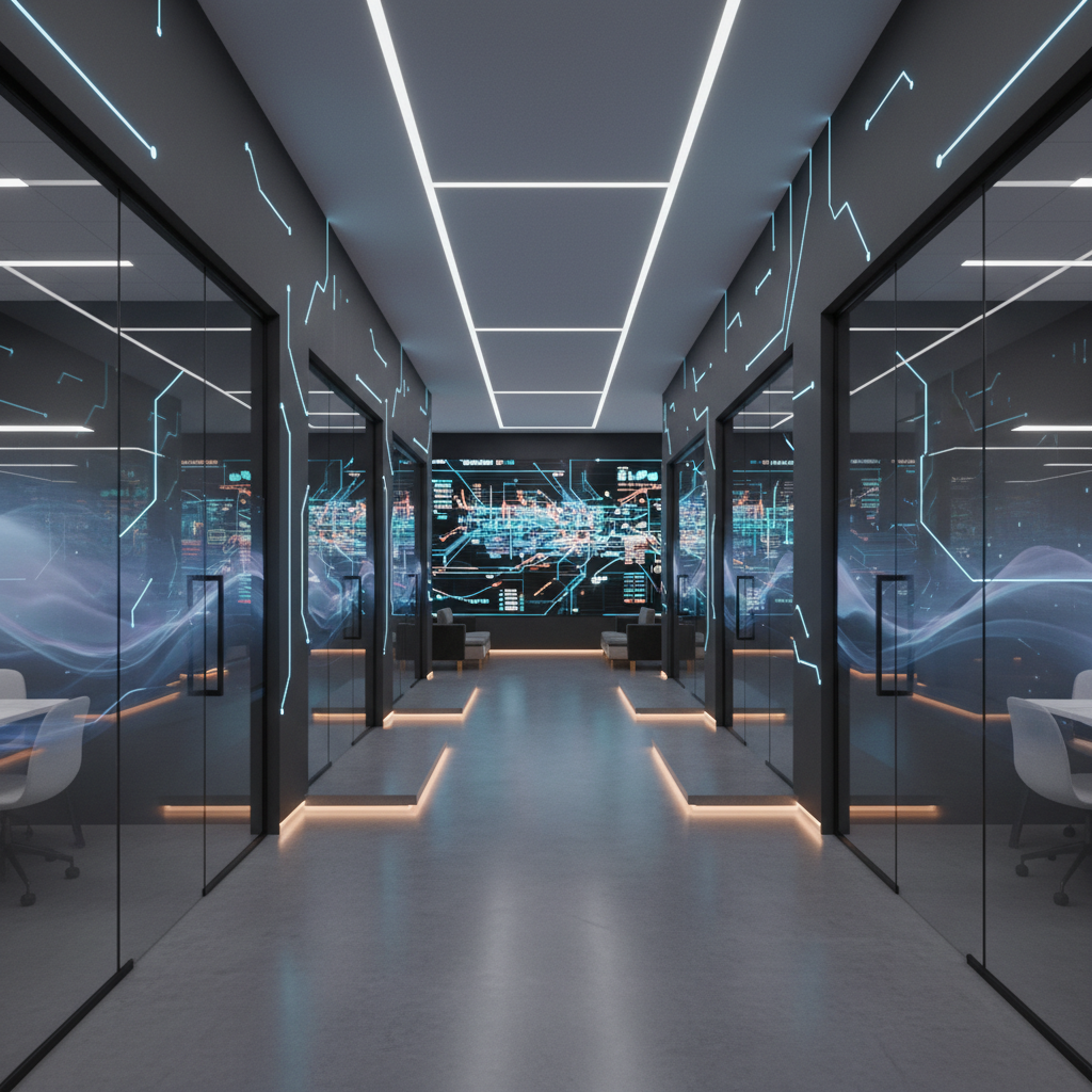 A high-tech smart office floor within Neu Nexus Century City, showcasing a row of glass-partitioned meeting pods with frameless doors and subtle holographic privacy gradients. The central corridor is lined with matte charcoal walls accented by thin illuminated lines that resemble circuit traces, guiding movement. The ceiling is a seamless white plane with programmable linear lights forming crisp geometric paths. At the corridor’s end, a large interactive digital wall displays real-time data visualizations and an abstract city network map. Soft, even white lighting is punctuated by strategic pools of slightly warmer light over key zones, creating depth. Captured from a central, eye-level perspective with strong leading lines and cinematic clarity, the mood is calm, precise, and hyper-functional, embodying intelligent connectivity and sophisticated tech infrastructure.