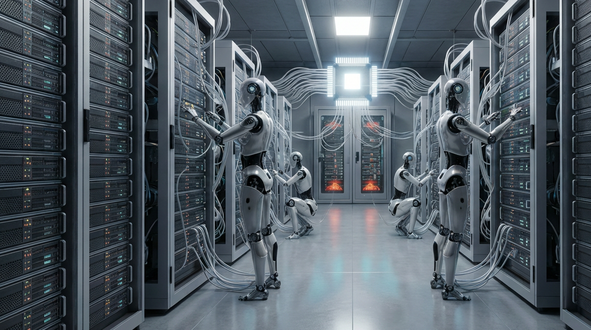 Humanoid robots servicing server racks in a futuristic data center with glowing holographic screens.