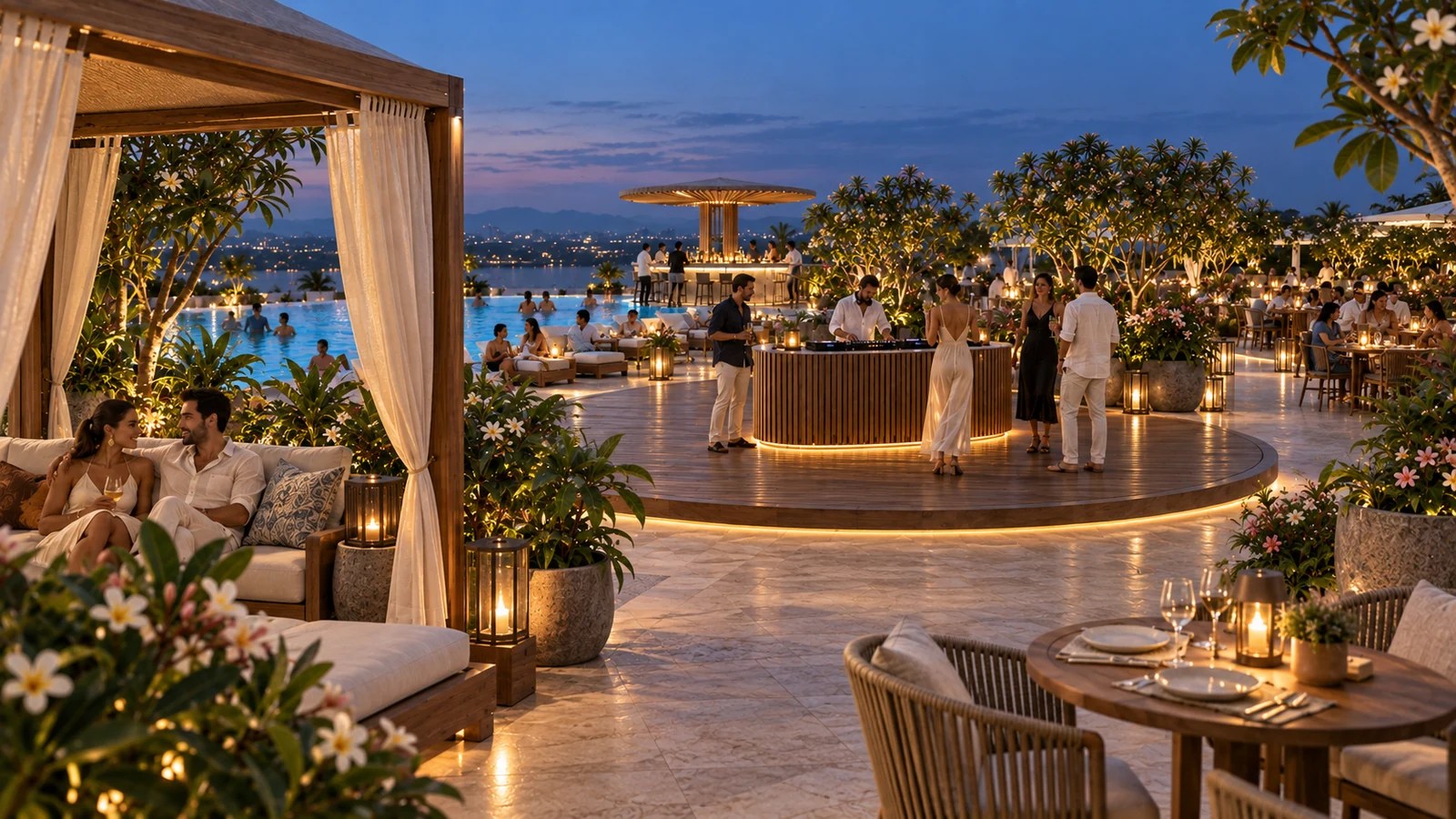 Evening artist impression of a shaded cabana, curved DJ deck and outdoor dining at Beach on Sky.