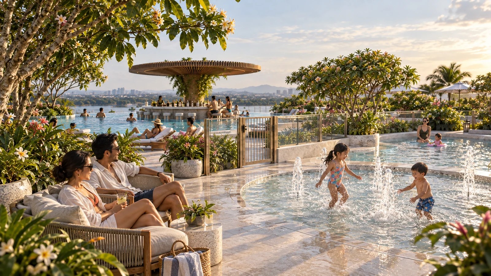 Artist impression of parents relaxing beside a separate children's splash area, with the main pool and frangipani beyond.