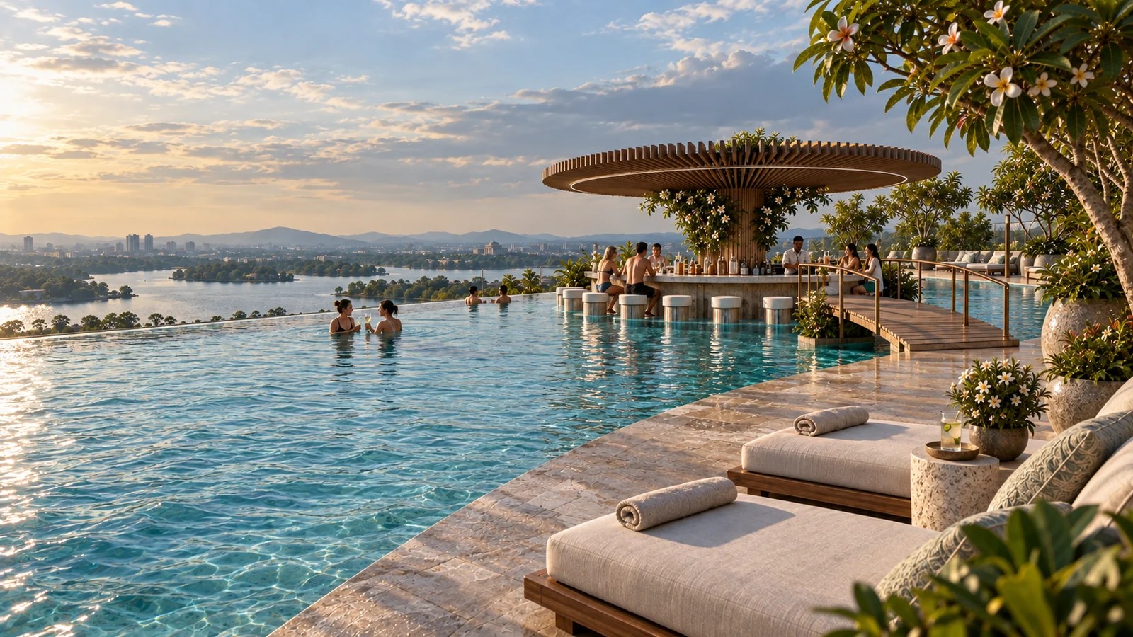 Artist impression of the curved infinity pool, swim-up bar and timber bridge at Beach on Sky, overlooking an inland lake.