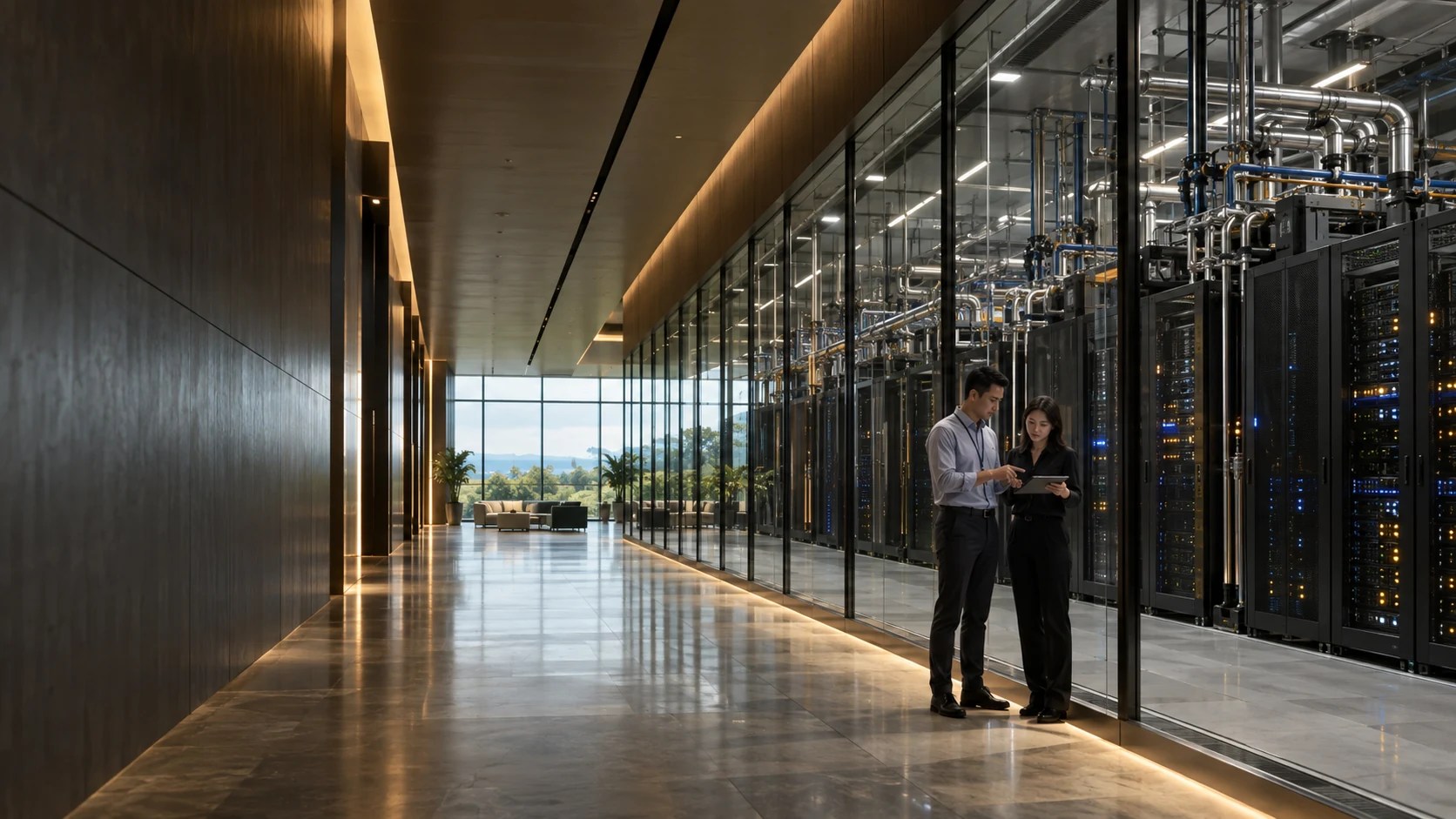 Illustrative NNCC AI data-centre gallery with engineers and liquid-cooled server racks.