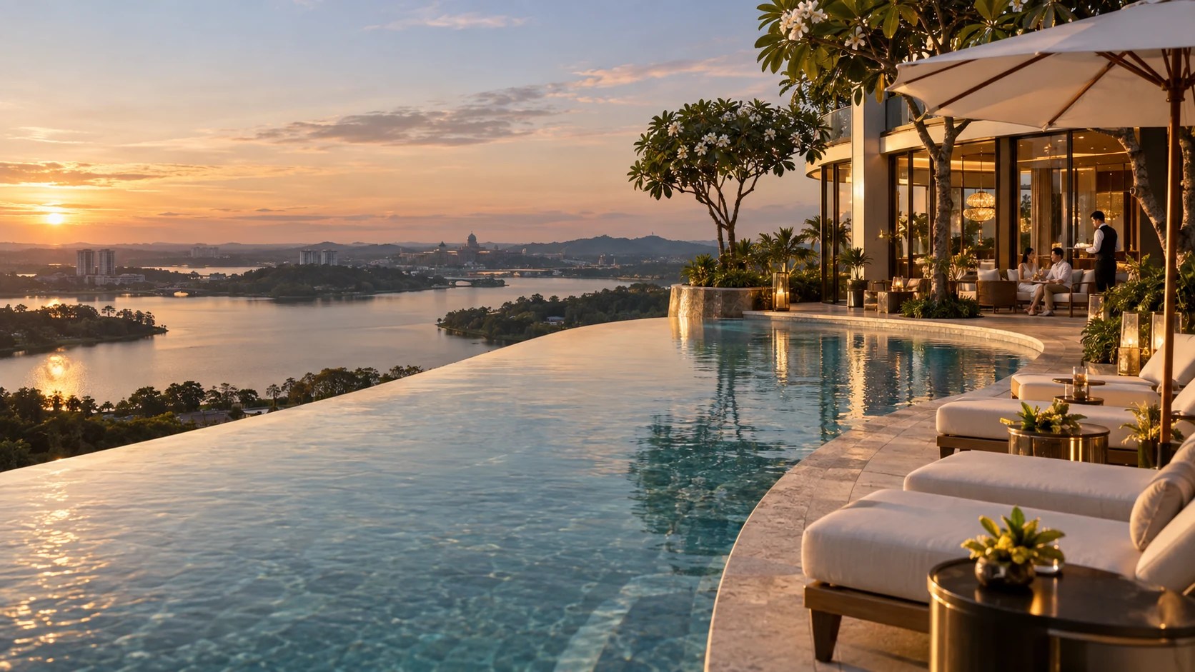 Illustrative NNCC rooftop infinity pool and luxury hospitality overlooking a lake at sunset.