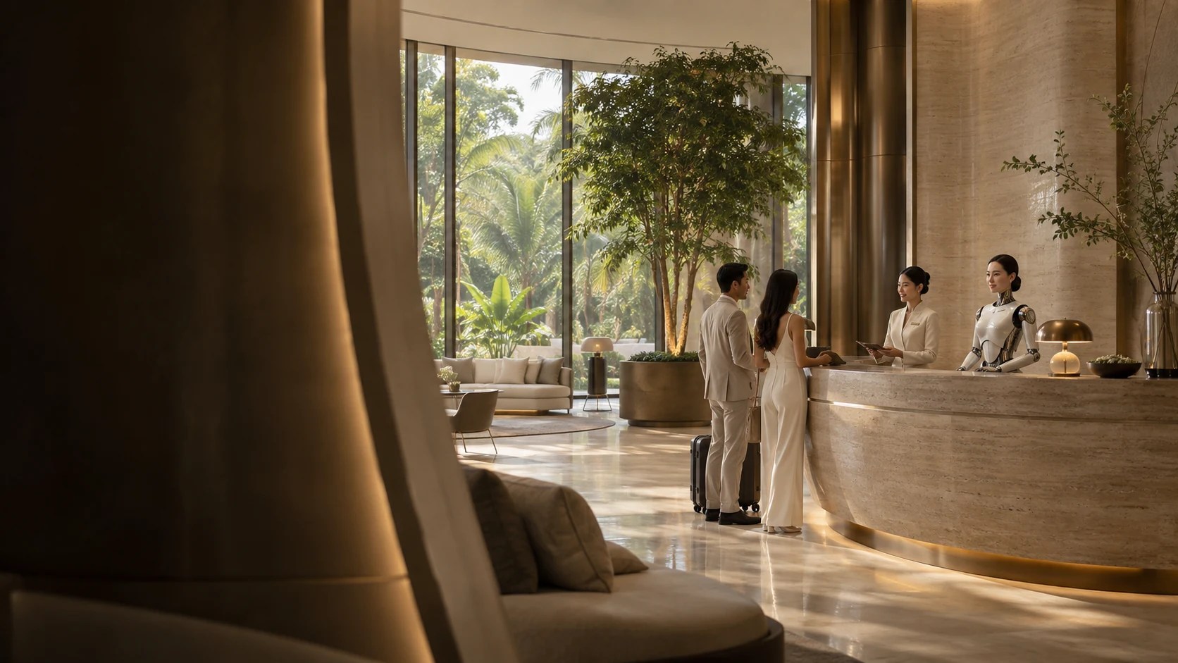 Illustrative Neu Life lounge with a human concierge and humanoid assistant welcoming guests.