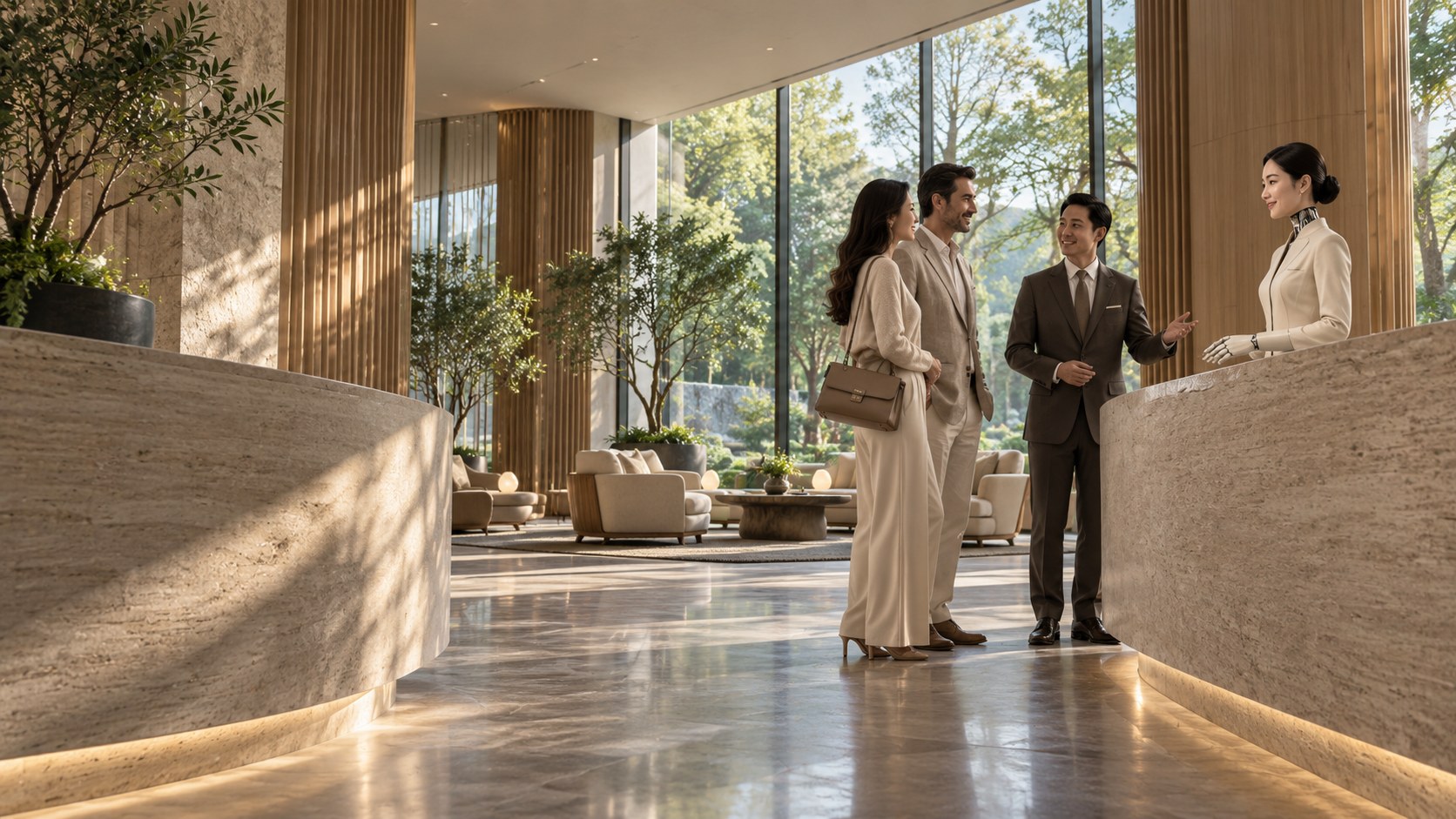 Low-angle arrival lounge with a human host and lifelike humanoid concierge.