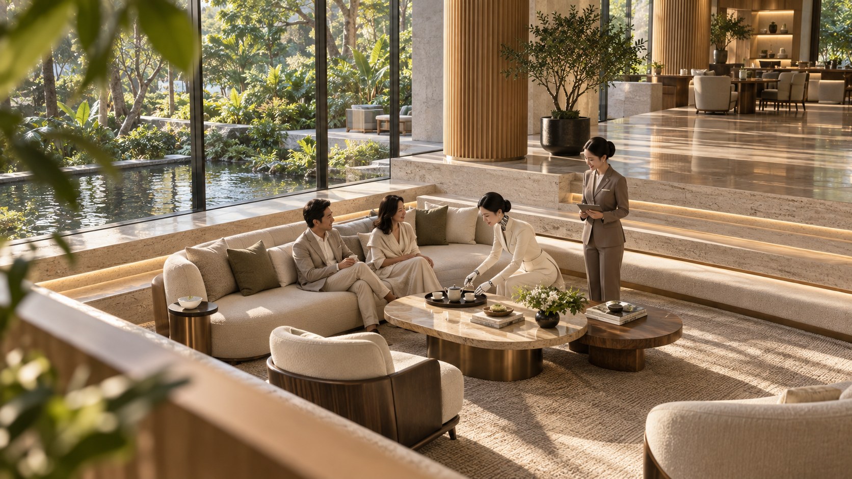 Elevated view of the private wellness lounge and tea service.